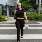 Women's Casual Co-ord Set with High-Waisted Trousers and Crop Top