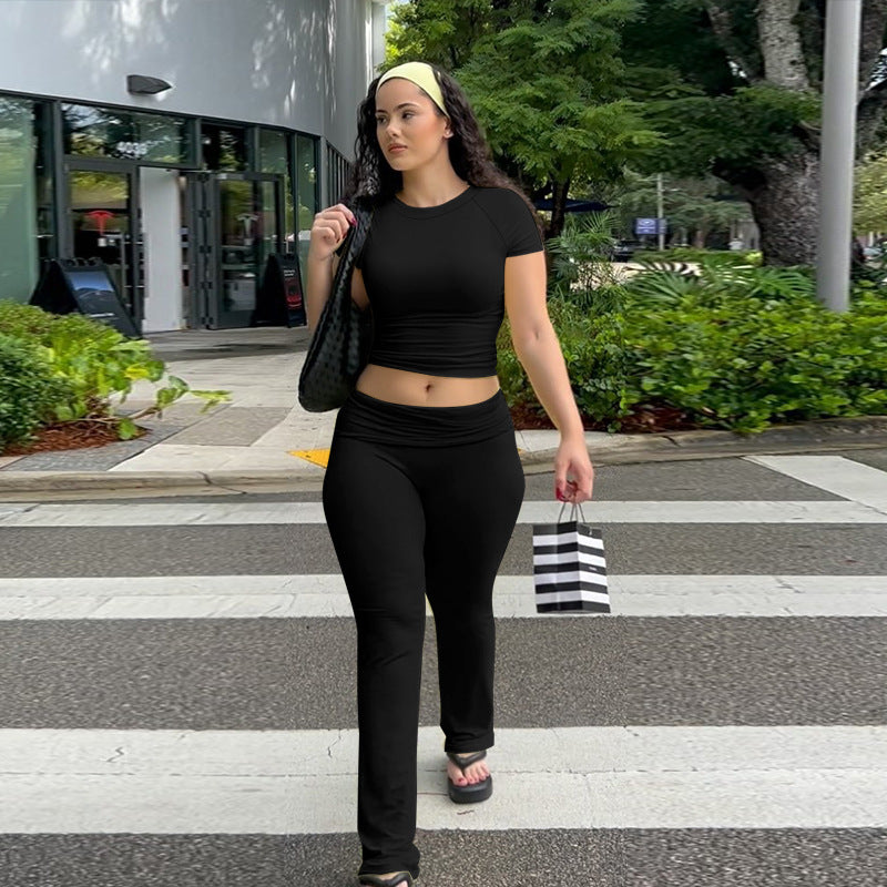 Women's Casual Co-ord Set with High-Waisted Trousers and Crop Top