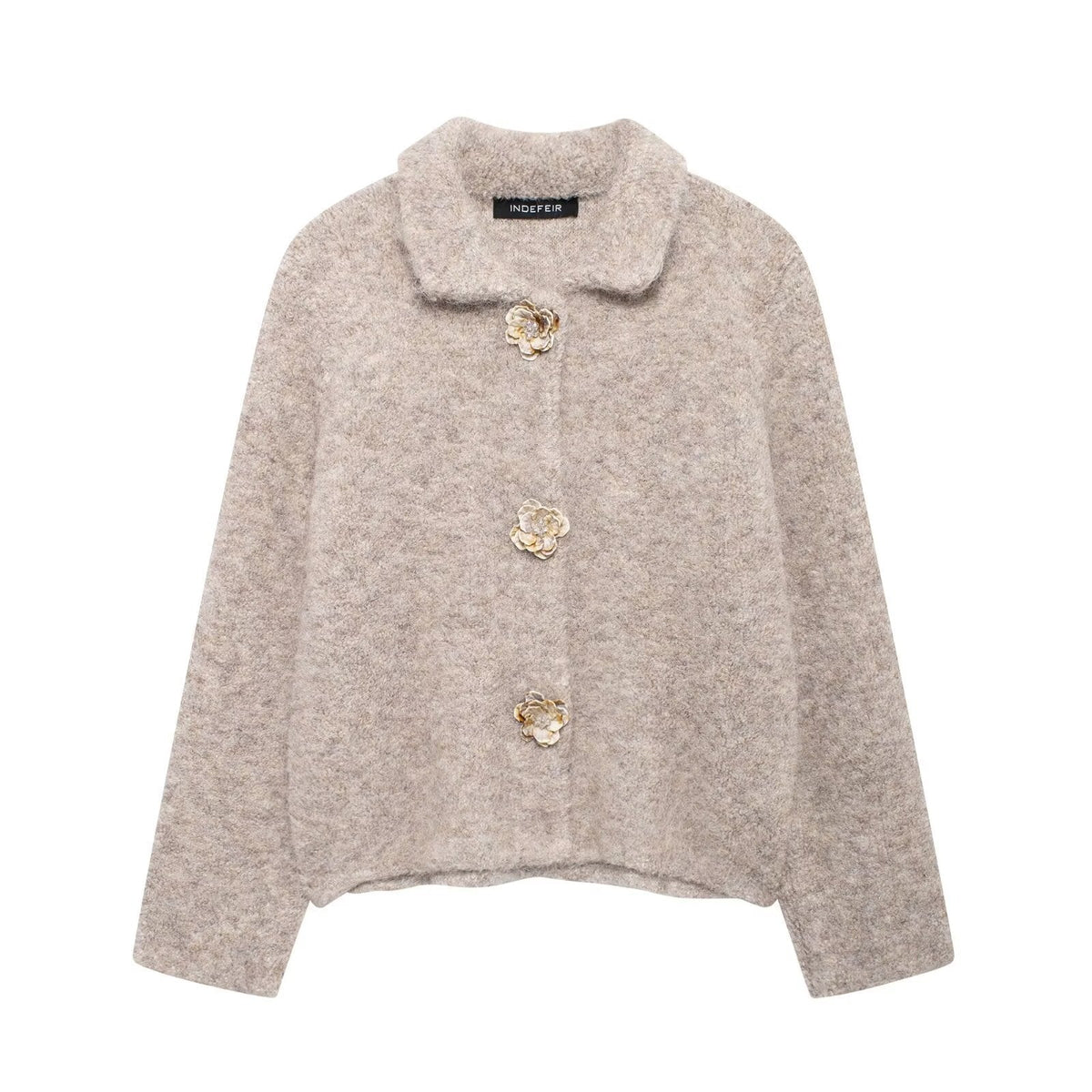 Women's Elegant Wool Jacket with Decorative Flower Buttons