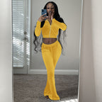 Women's Comfortable Velour Lounge Set with Zip-Up Top and Wide Leg