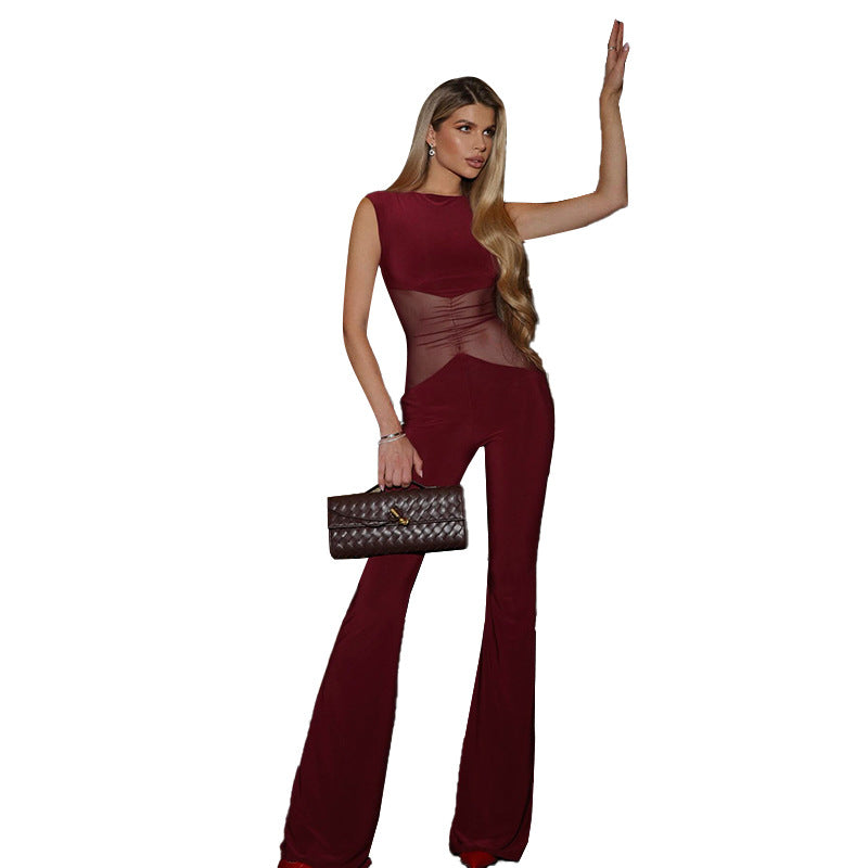 Women's Elegant Wide-Leg Jumpsuit with Sheer Inserts
