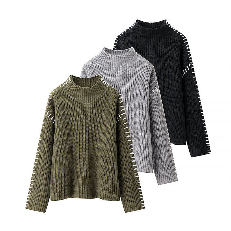 Women's Chunky Knit Sweater with High Collar and Decorative Details