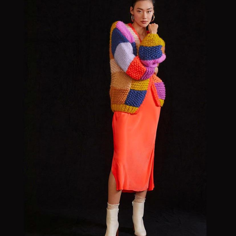 Women's Chunky Knit Cardigan with Colorful Patchwork Design