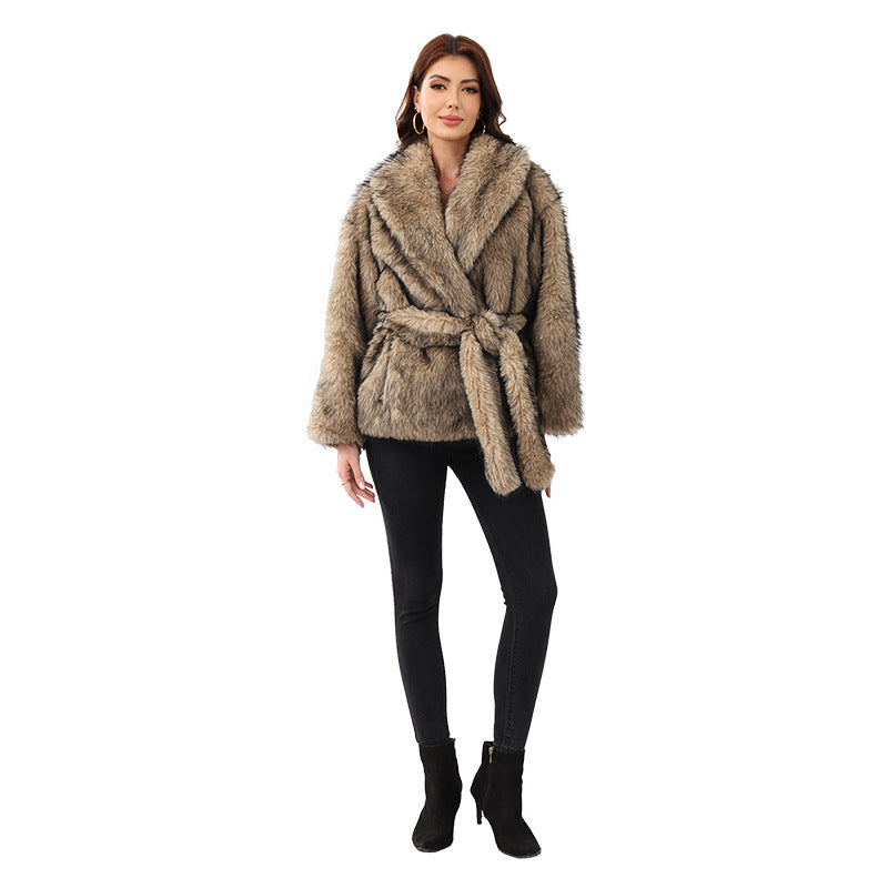 Women's Elegant Faux Fur Coat with Belt and Wide Lapel