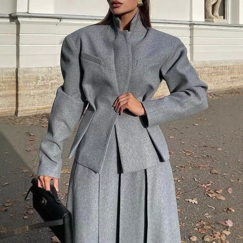 Women's Elegant Blazer and Skirt Set in High-Quality Wool Blend