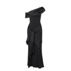 Women's Floor-Length Evening Dress with Asymmetric Cut and V-Neck