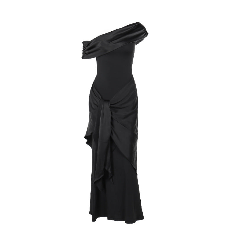 Women's Floor-Length Evening Dress with Asymmetric Cut and V-Neck
