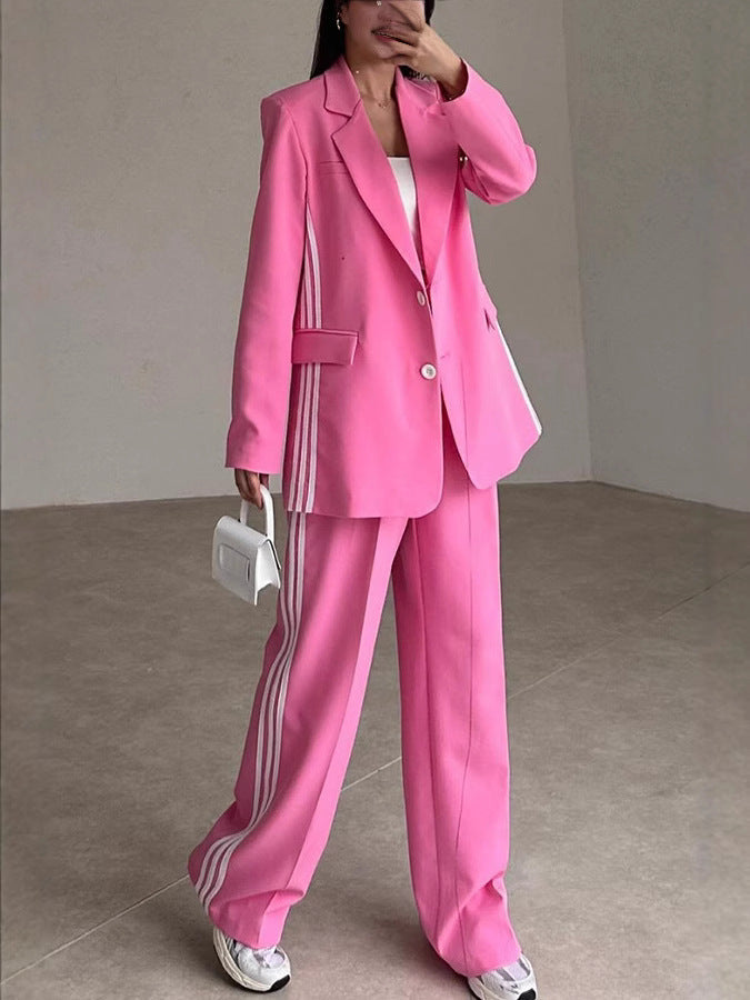 Women's Fashionable Blazer and Pants Set with Contrast Stripes