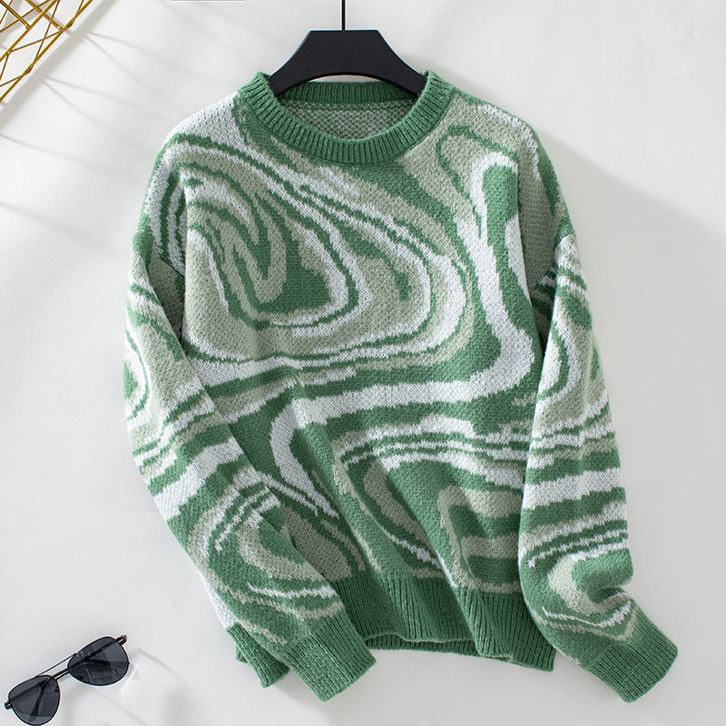 Women's Patterned Knit Pullover with Modern Wave Pattern and Round Neck