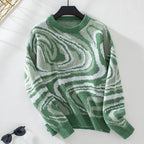 Women's Patterned Knit Pullover with Modern Wave Pattern and Round Neck