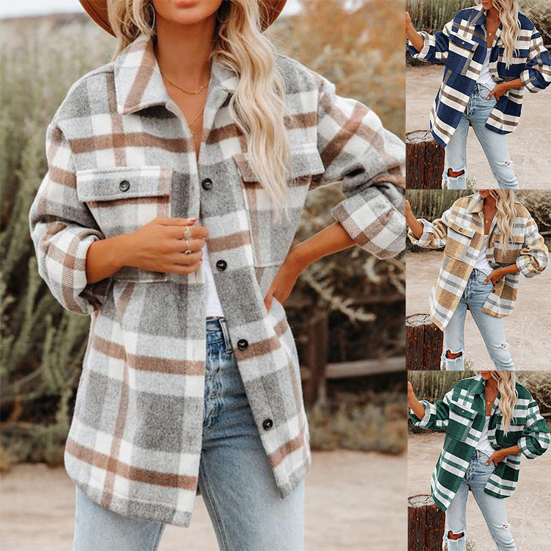 Women's Plaid Wool-Blend Coat with Practical Pockets