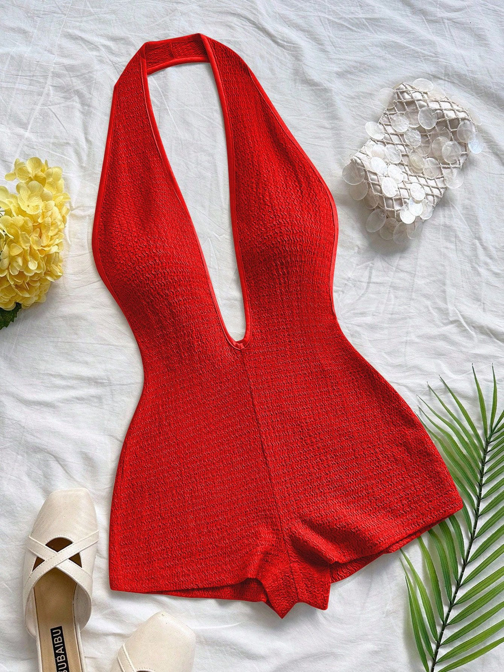Women's Deep V-Neck Bodysuit with Textured Finish