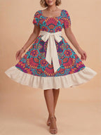 Women's A-Line Dress with Floral Motifs and Adjustable Belt