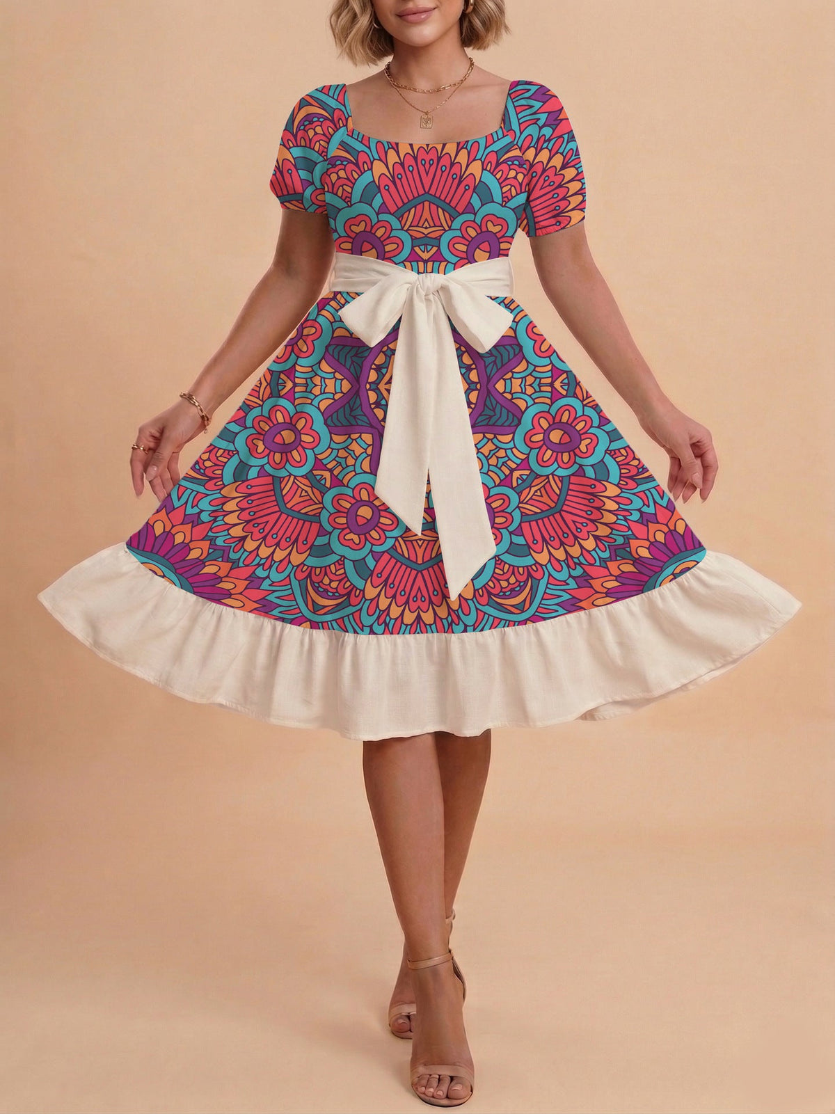Women's A-Line Dress with Floral Motifs and Adjustable Belt