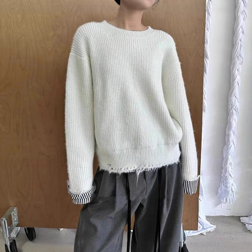 Women's Chunky Knit Sweater with Contrast Cuffs and Casual Fit