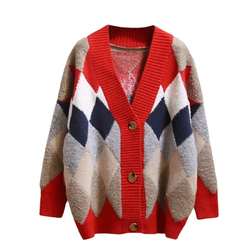 Women's Chunky Knit Cardigan with Geometric Pattern and Pockets