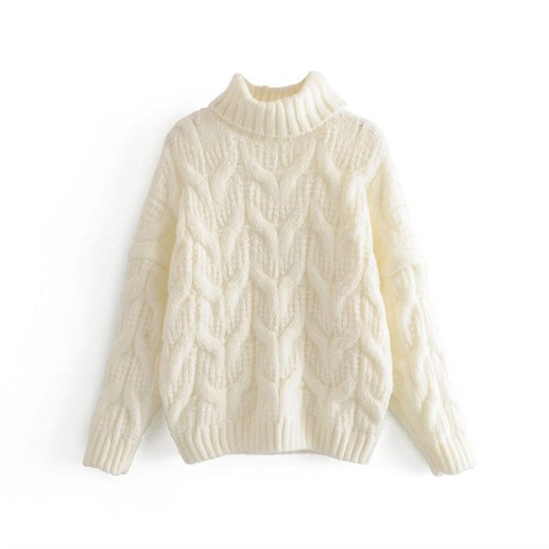 Women's Chunky Knit Sweater with High Collar and Elegant Cable Pattern