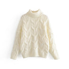 Women's Chunky Knit Sweater with High Collar and Elegant Cable Pattern
