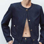 Women's Cropped Denim Jacket with Patch Pockets and Button Details