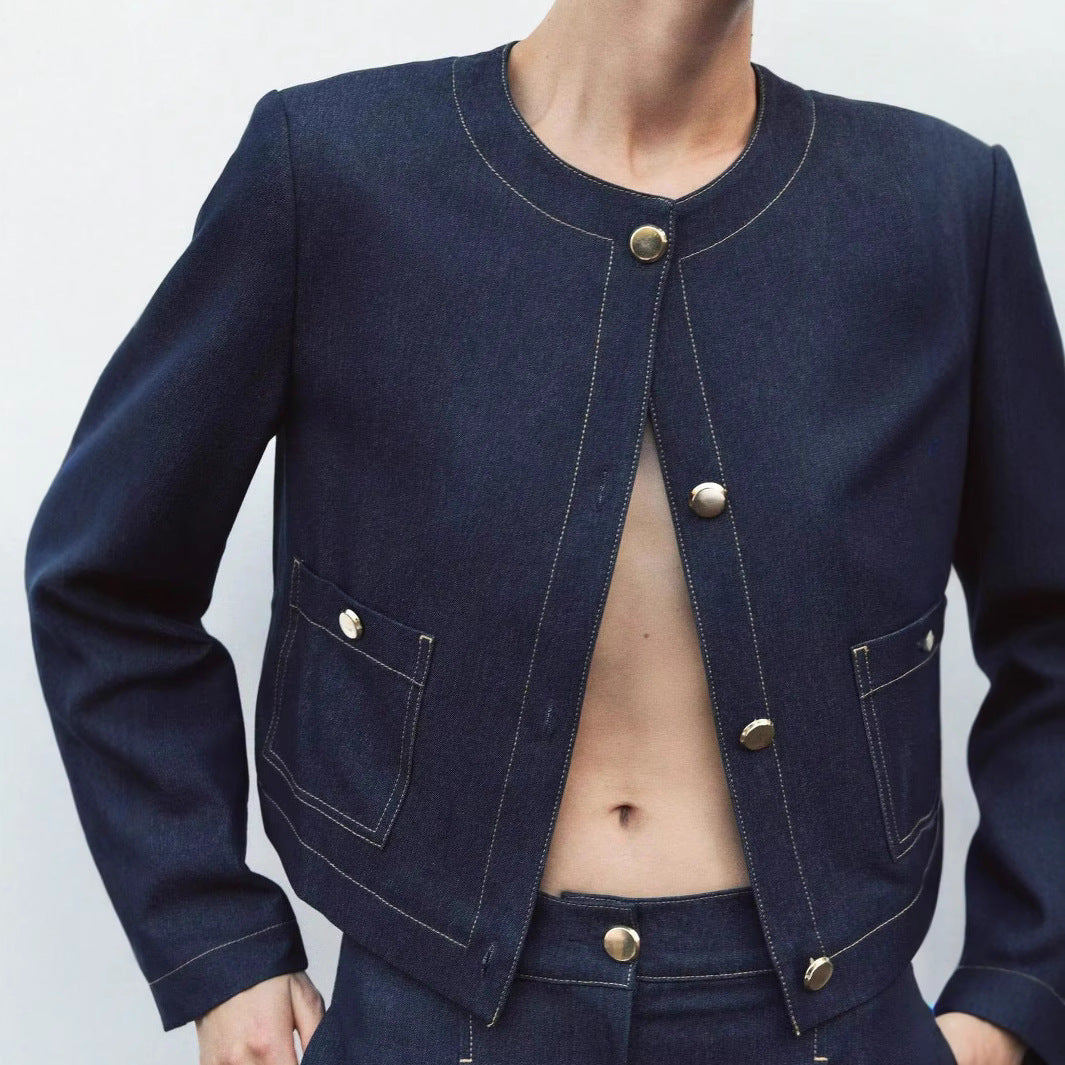Women's Cropped Denim Jacket with Patch Pockets and Button Details