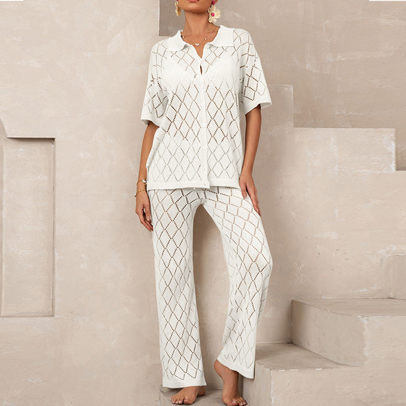 Elegant Knit Suit with Diamond Pattern