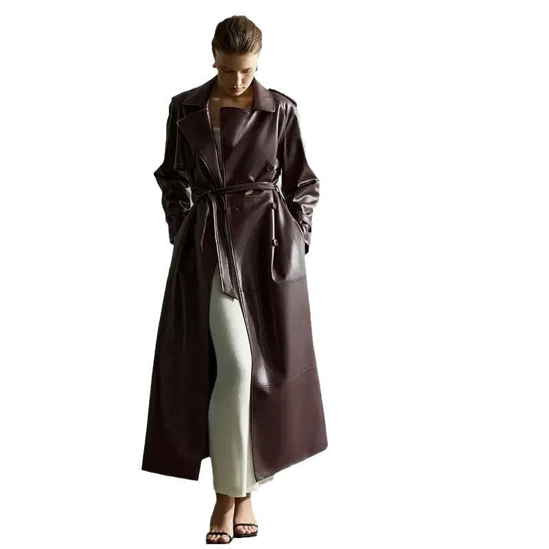 Elegant Faux Leather Trench Coat with Belt