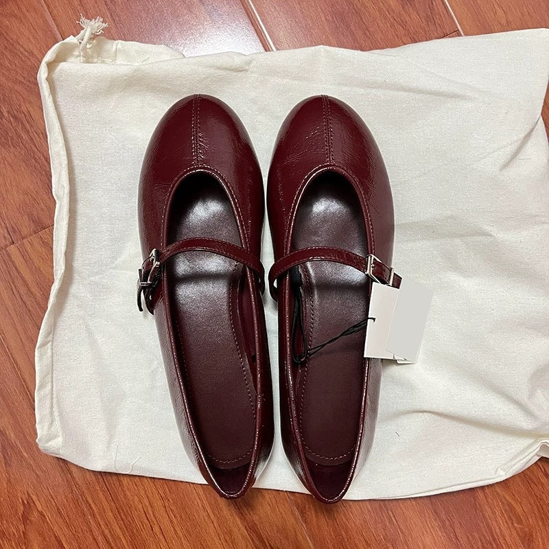 Women's Glossy Ballet Flats with Ankle Strap