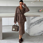 Women's Elegant Knit Ensemble with Wrap Jacket and Pencil Skirt