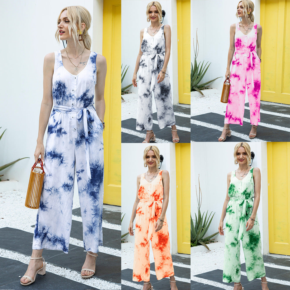 Casual Jumpsuit with Tie Belt and Button Placket