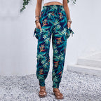 Women's Comfortable Cargo Pants with Tropical Pattern and Elastic Waistband