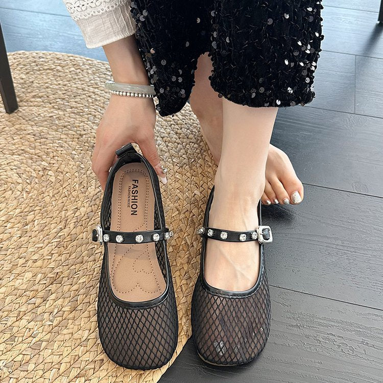 Women's Ballet Flats with Decorative Mesh Design and Sparkling Strap