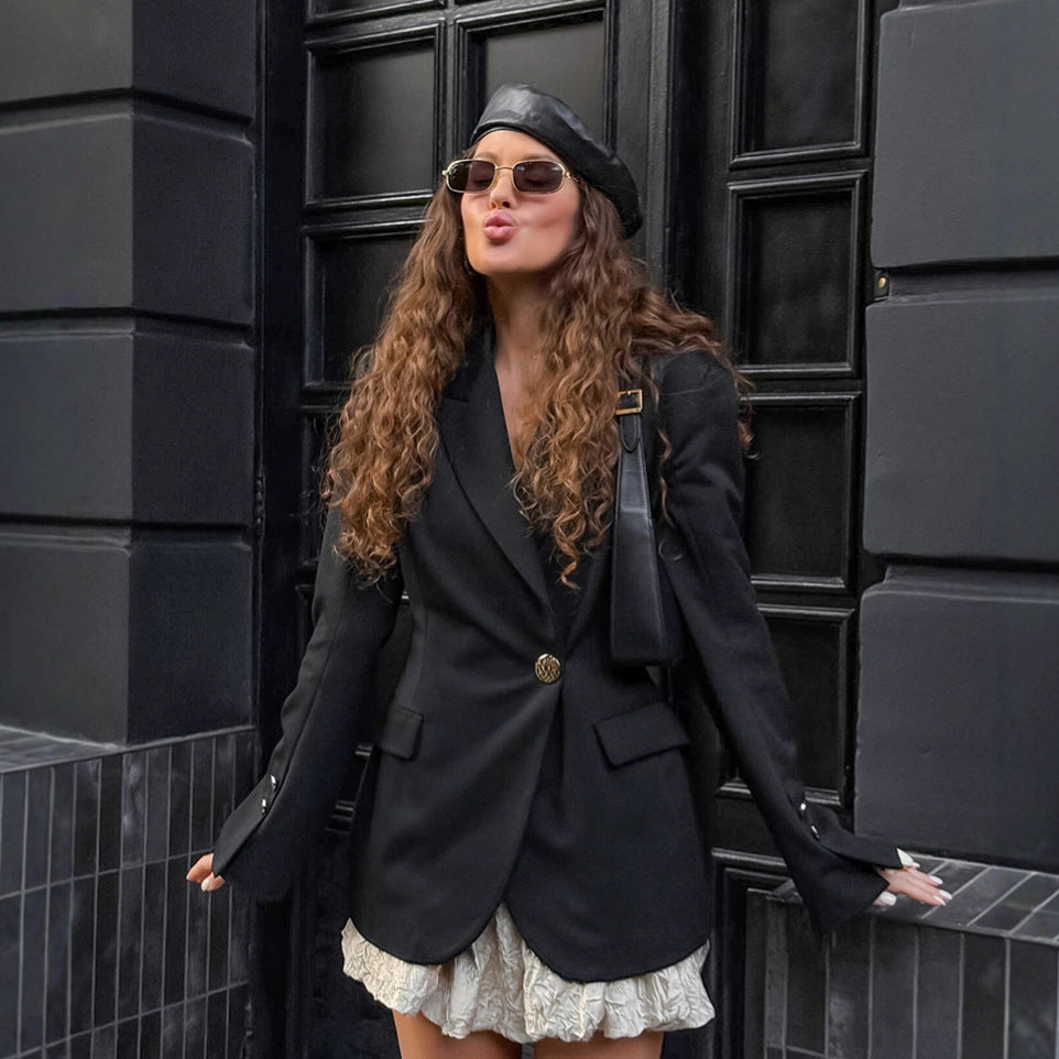 Elegant Blazer with Asymmetrical Silhouette and Gold Button Details