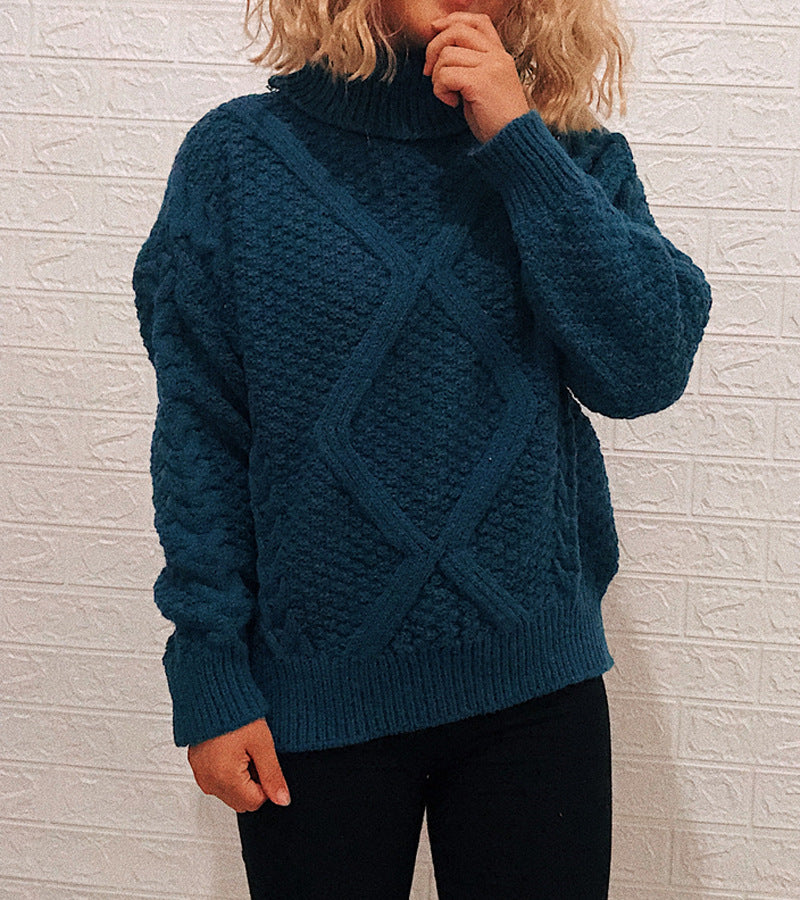 Women's Chunky Knit Sweater with Cable Pattern and High Collar