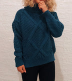 Women's Chunky Knit Sweater with Cable Pattern and High Collar