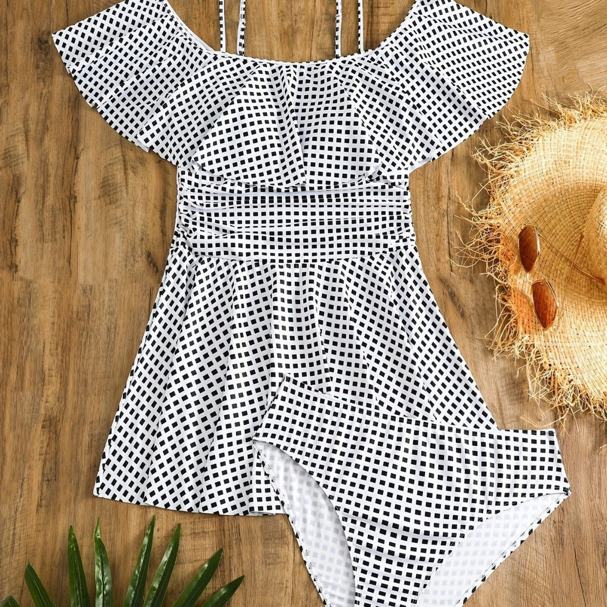 Women's Swimsuit Set with Ruffles and Plaid Pattern