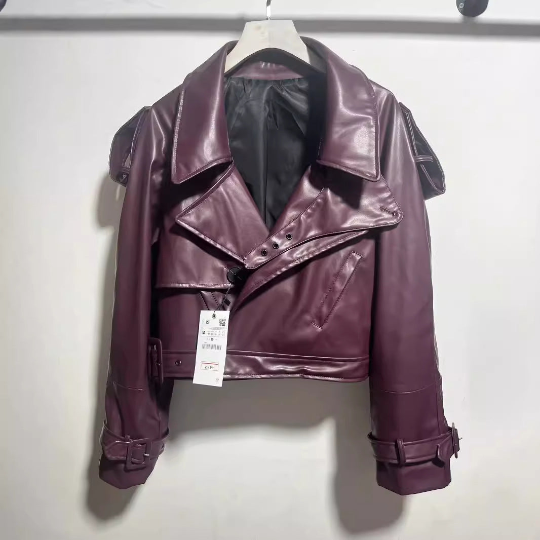 Women's Cool Cropped Faux Leather Jacket with Asymmetrical Collar