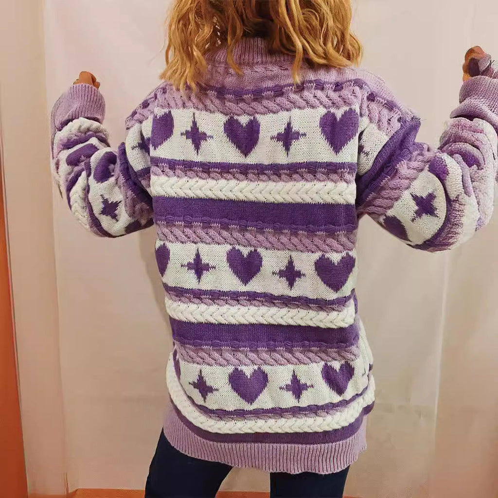 Women's Chunky Knit Sweater with Playful Heart Pattern and Cable Details