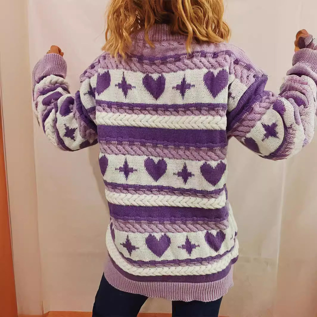 Women's Chunky Knit Sweater with Playful Heart Pattern and Cable Details