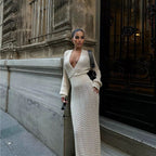 Elegant Crocheted Maxi Dress with Deep V-Neck