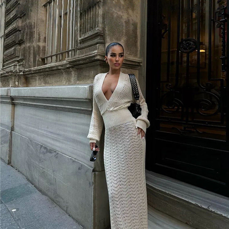Elegant Crocheted Maxi Dress with Deep V-Neck