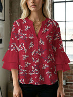 Women's Blouse Shirt with Voluminous Sleeves and Creative Print Design