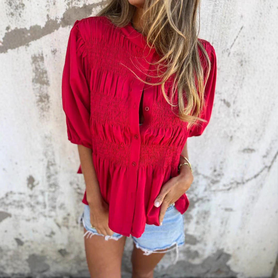 Women's Blouse with Ruching and Button Placket