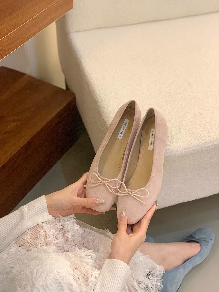 Women's Suede Ballet Flats with Playful Bow Detail