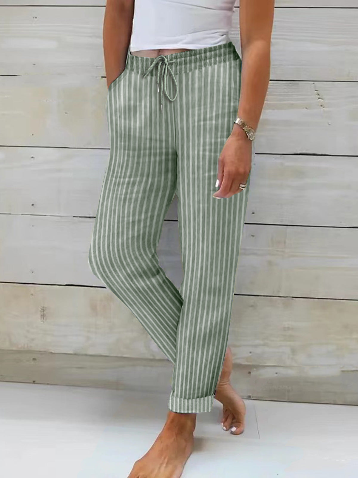 Women's Relaxed Cotton Striped Trousers with Adjustable Waist
