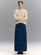 Women's High-Waisted Denim Maxi Skirt with Frayed Hem