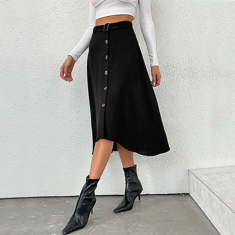 Women's Midi Skirt with Decorative Button Details and Tie Belt