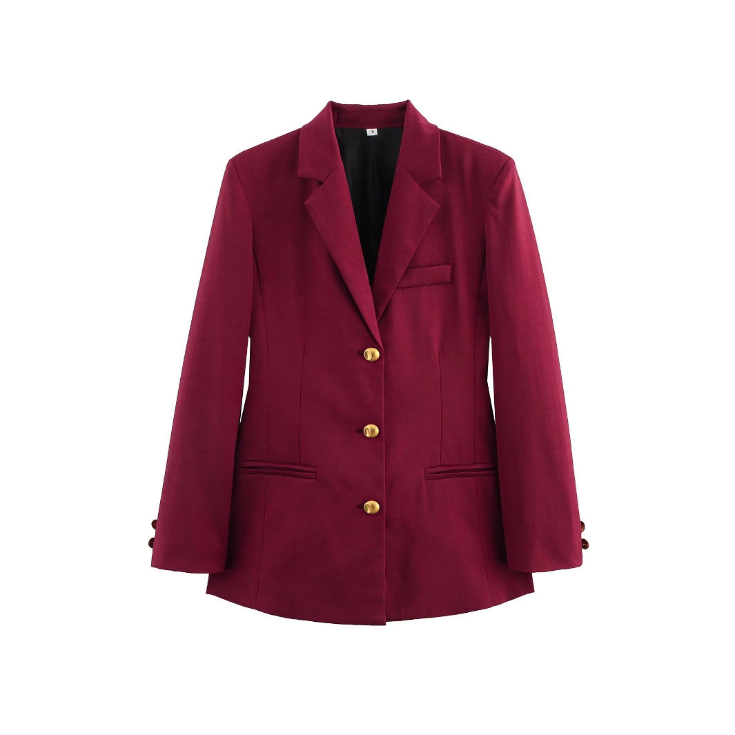 Women's Elegant Plaid Blazer with Gold Buttons