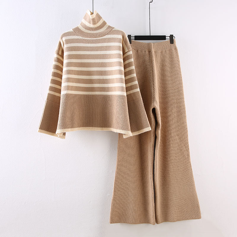 Women's Casual Knit Ensemble with High Collar and Wide Sleeves