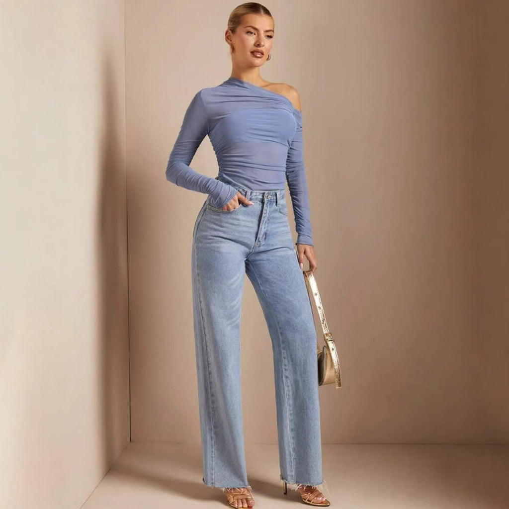 Women's Asymmetrical Long-Sleeve Bodysuit with Ruching