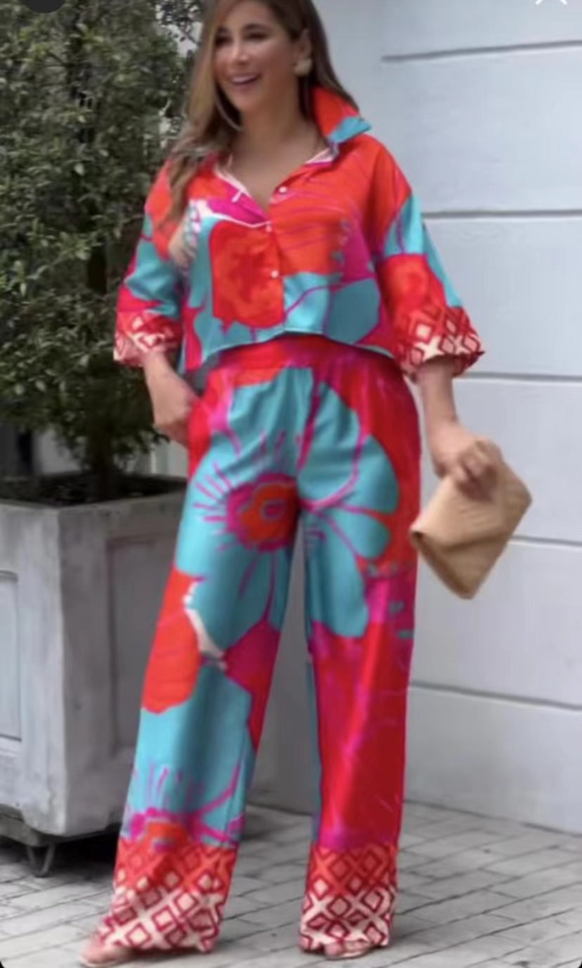 Casual Cropped Blouse and Wide-Leg Pants Set